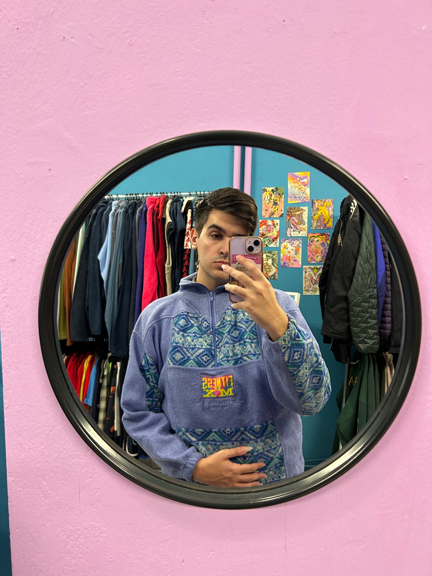 Retro purple and blue patterned fleece half-zip