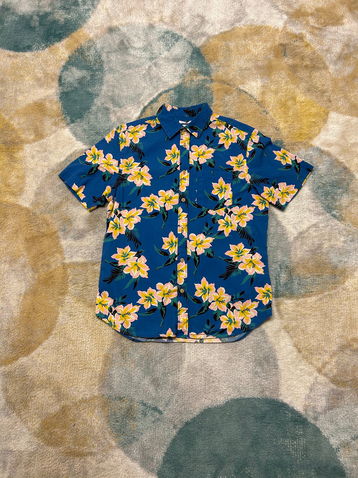 Old navy blue with pink and yellow flowers shirt