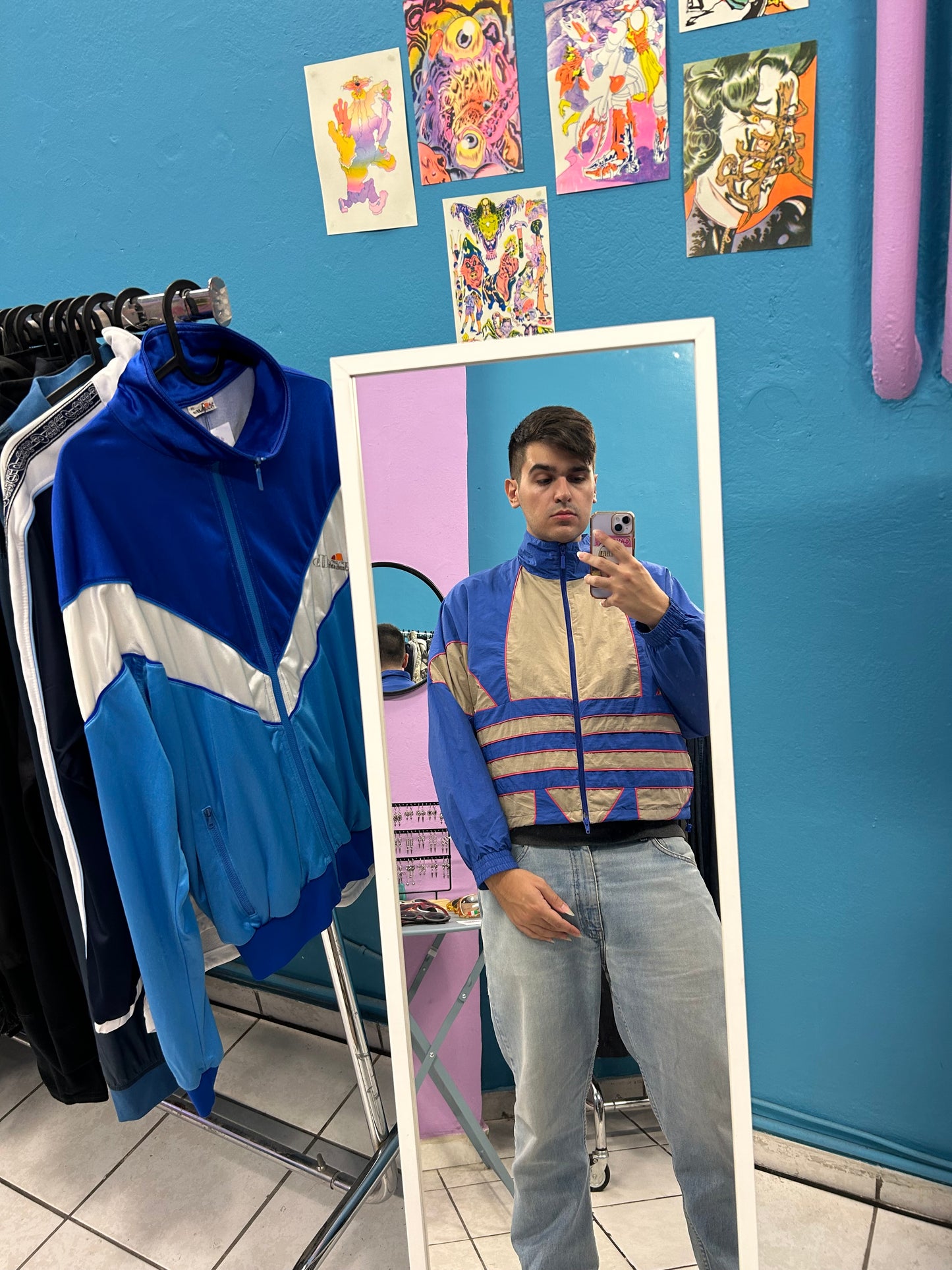 Adidas Retro Blue and Grey Bomber Jacket