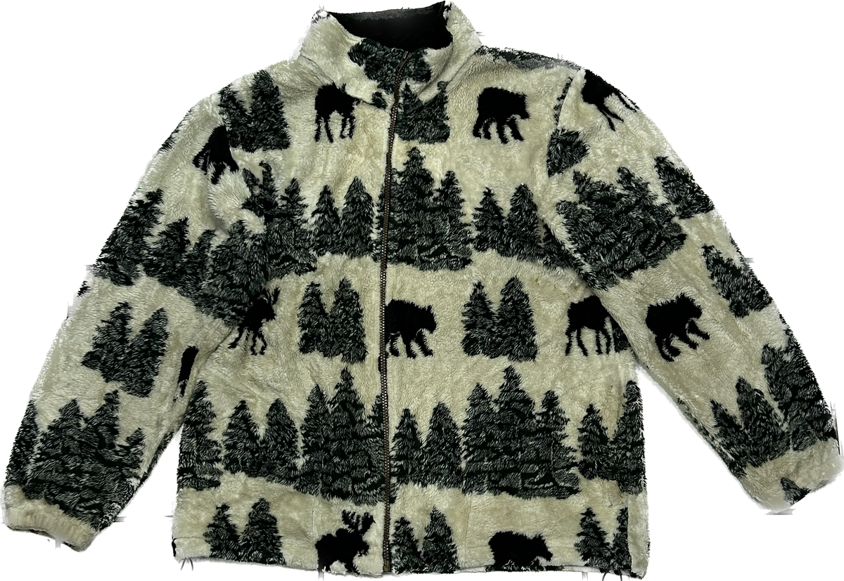 Beige and Green Tree Patterned Fleece Jacket