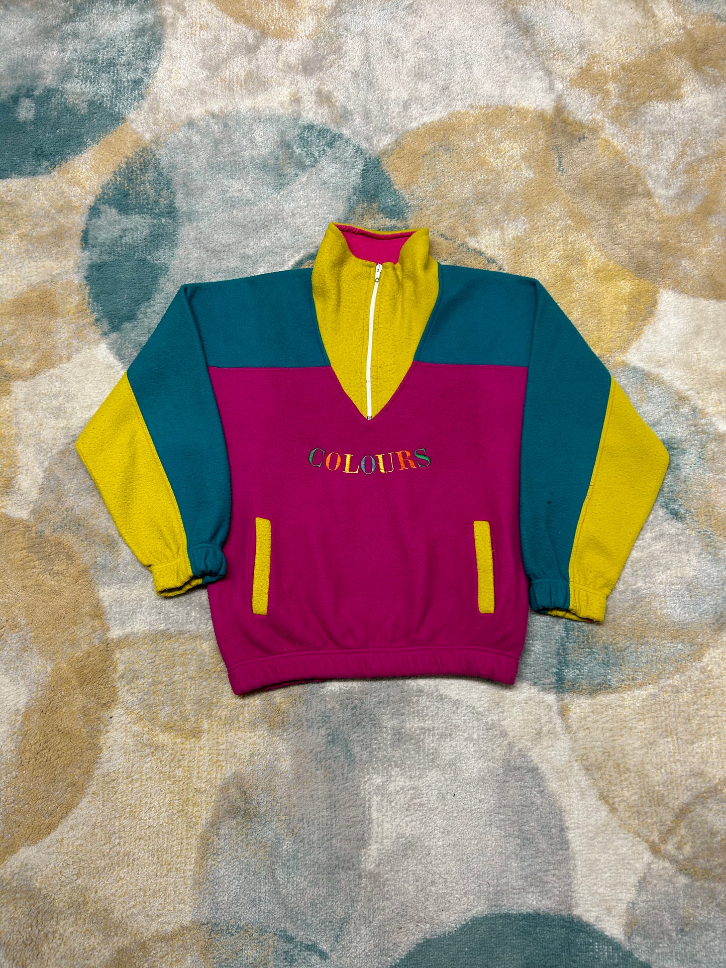 Retro purple yellow and teal fleece half-zip