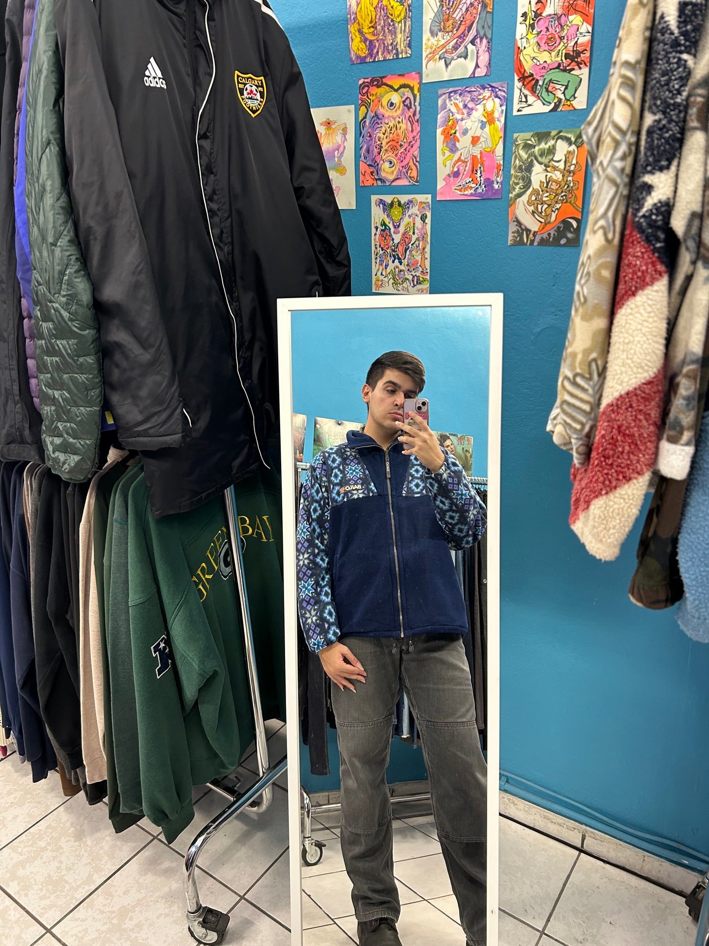 Dark Blue Heavy Ski Geometric Fleece Jacket