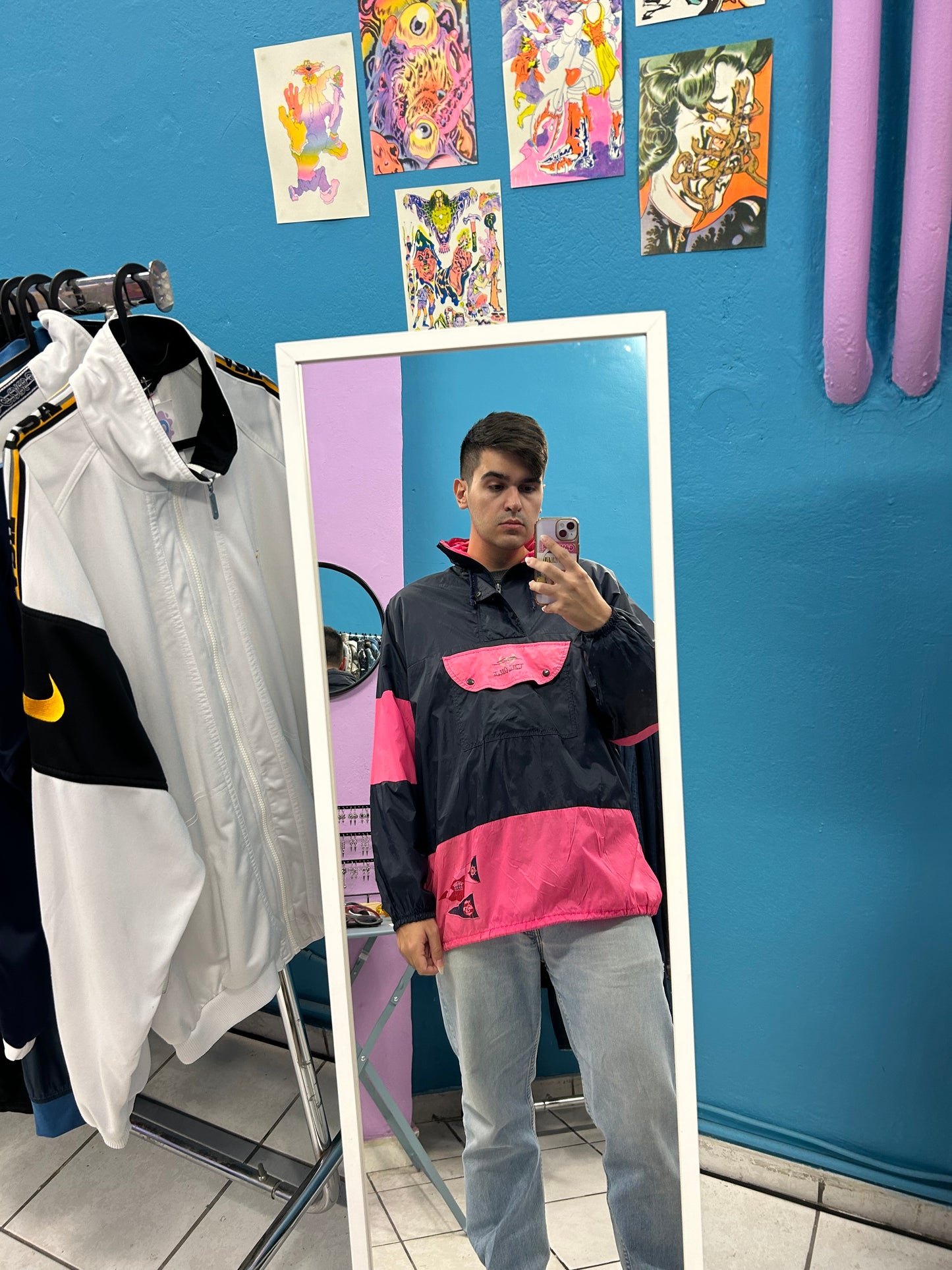 Retro dark blue and pink windbreaker (waterproof)