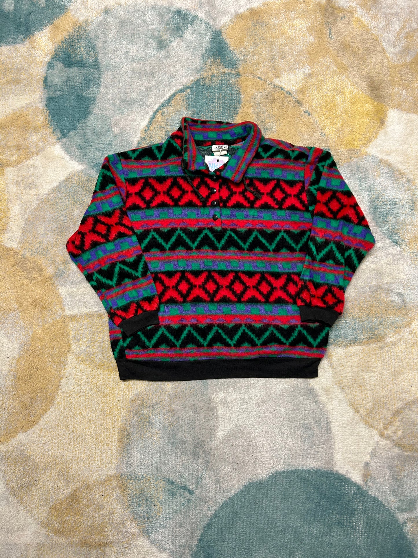 Red Blue and Green Patterned Retro Fleece Half-Zip