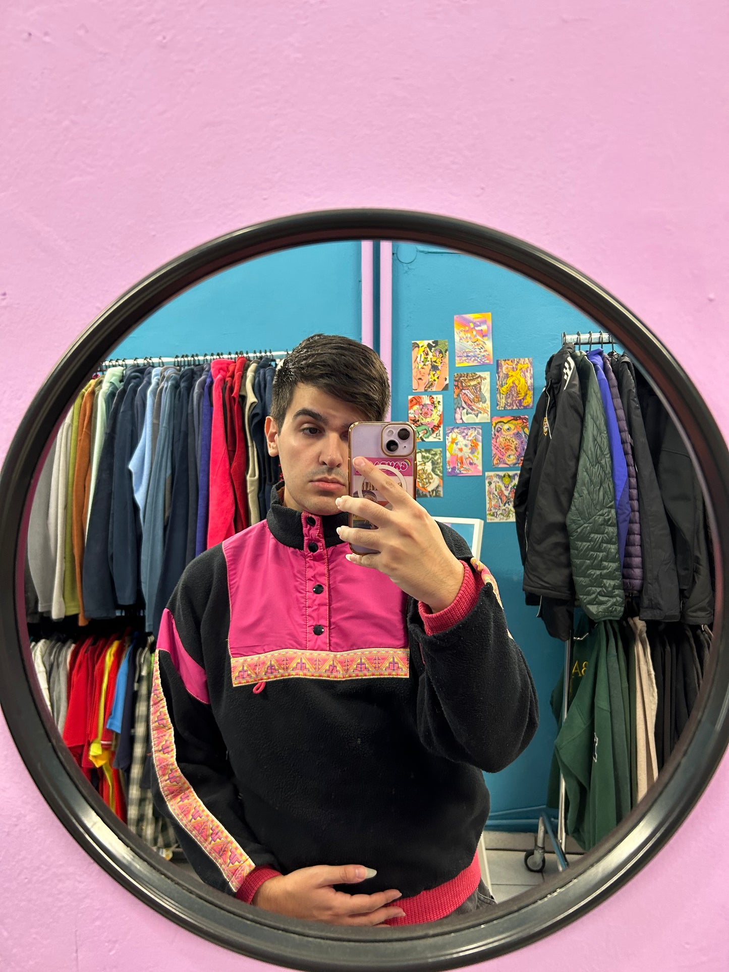 Retro black and pink patterned fleece half-zip
