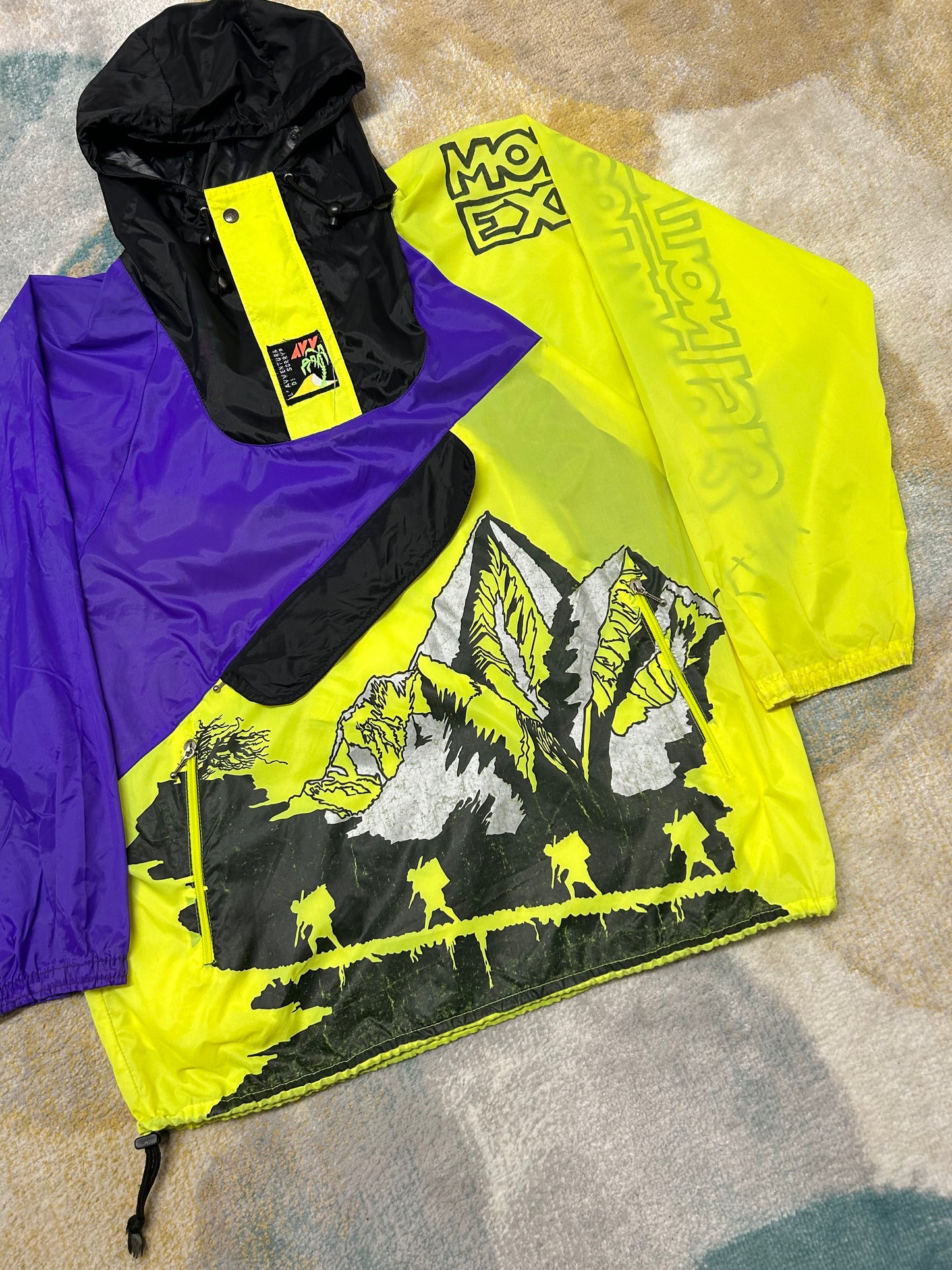 Retro neon green and purple Mongolian expedition windbreaker