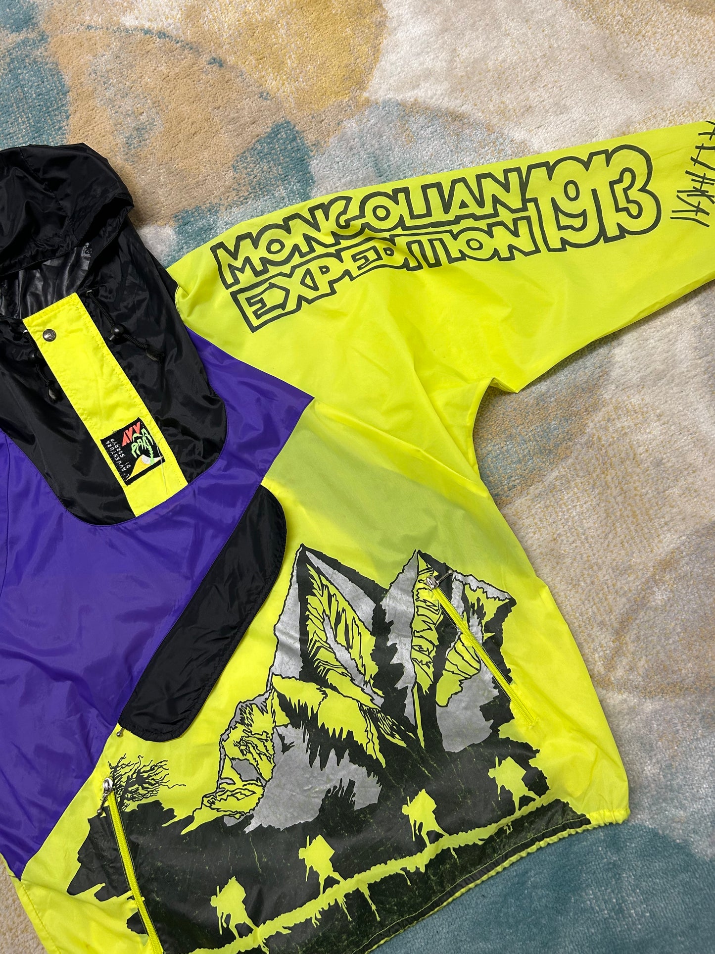 Retro neon green and purple Mongolian expedition windbreaker