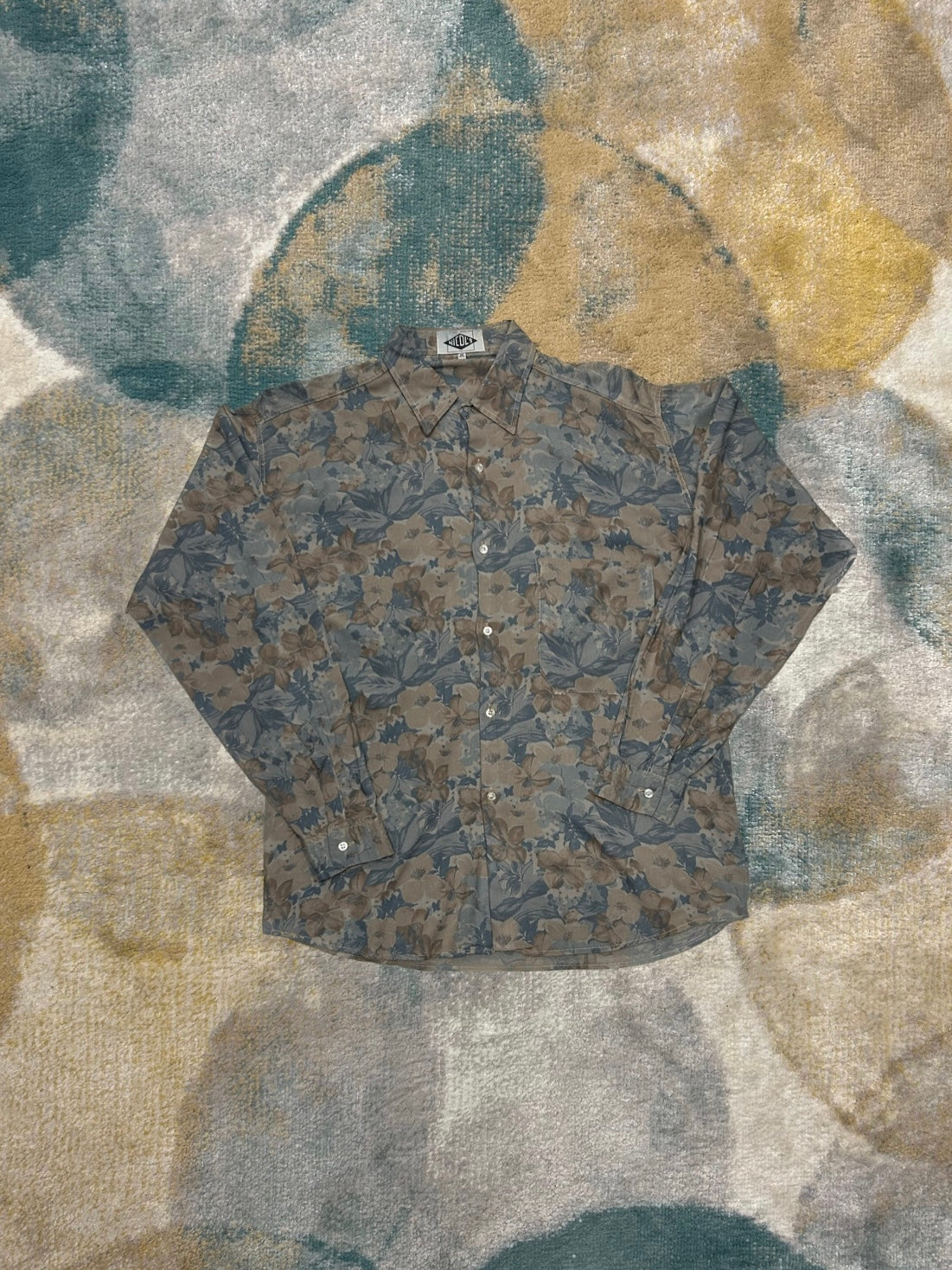 Pastel Blue and Brown Floral Pattern Vintage Shirt