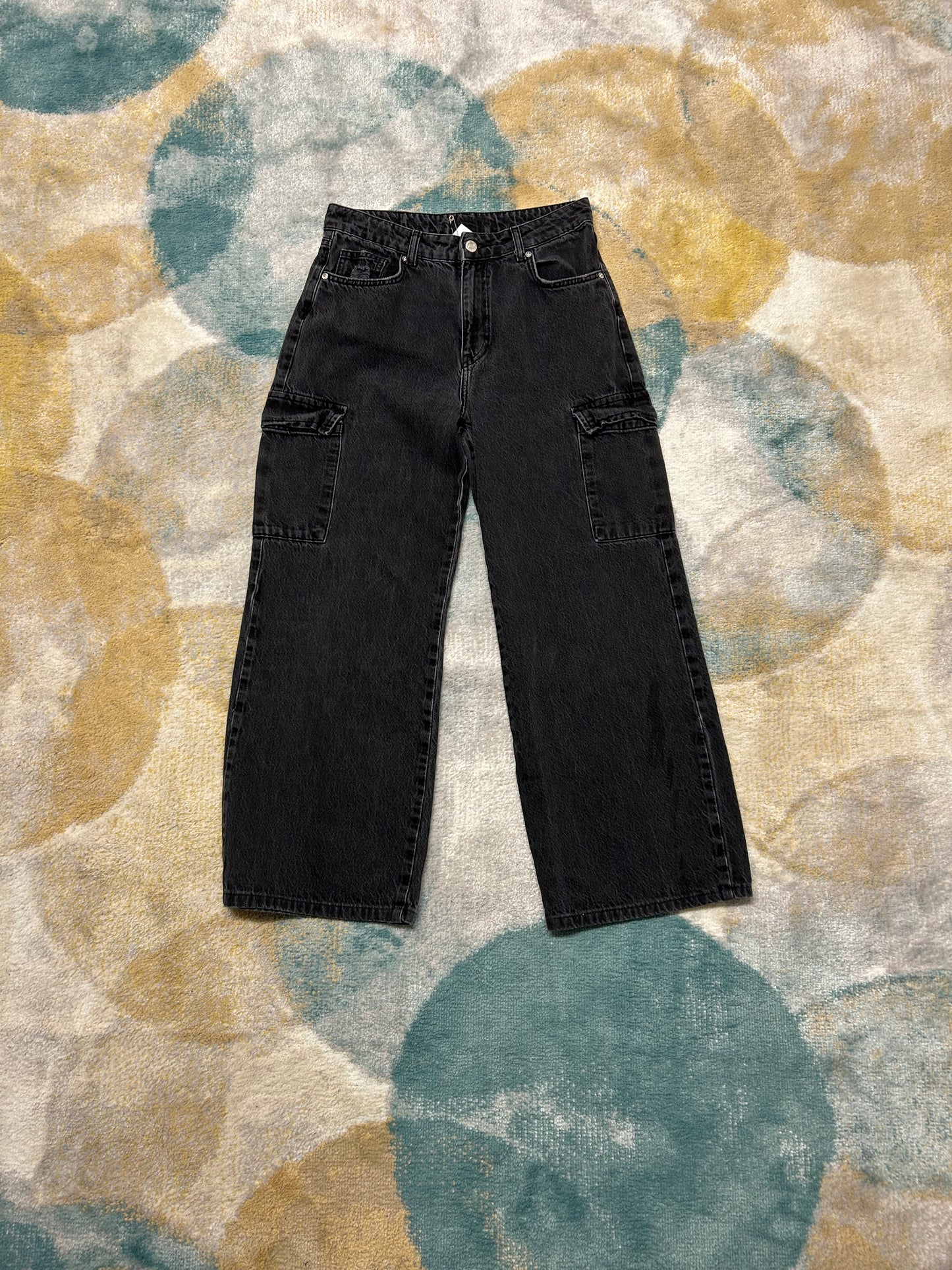 Black denim wide leg y2k cargo pants