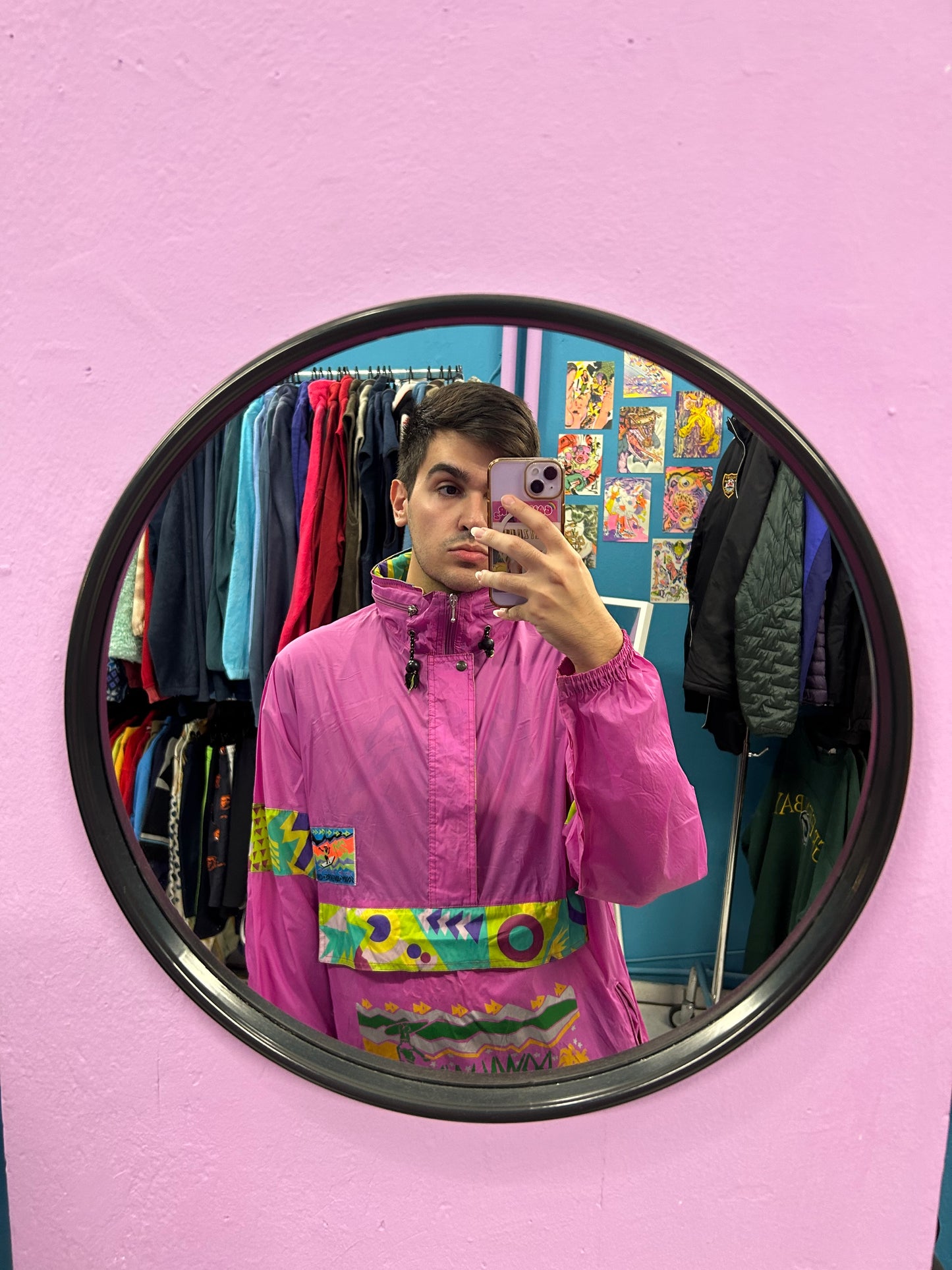 Magenta patterned retro windbreaker