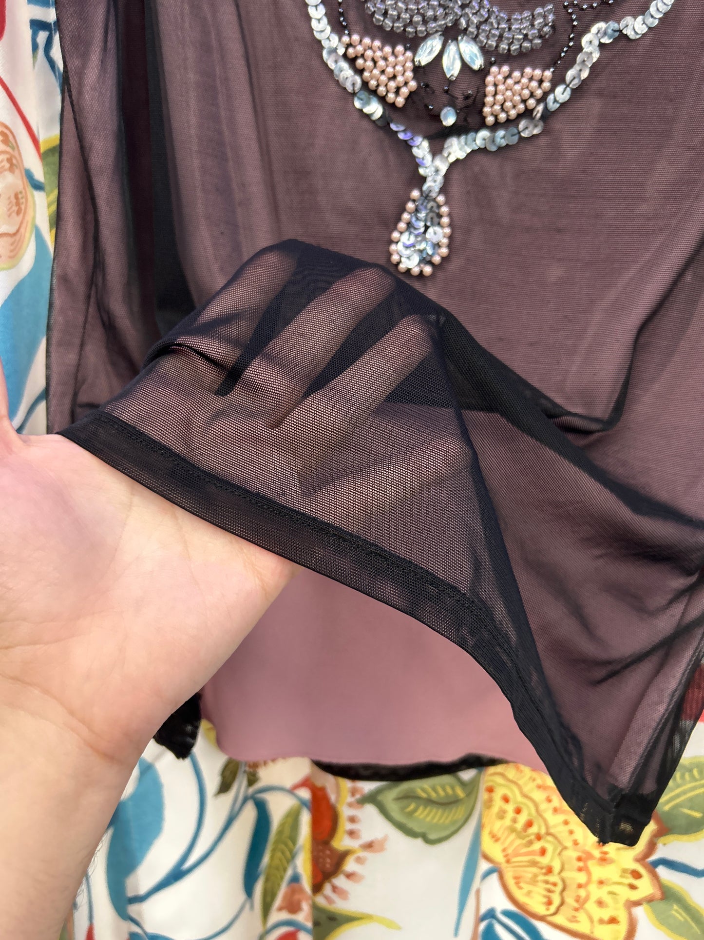 Y2k pink and black lace and sequins top