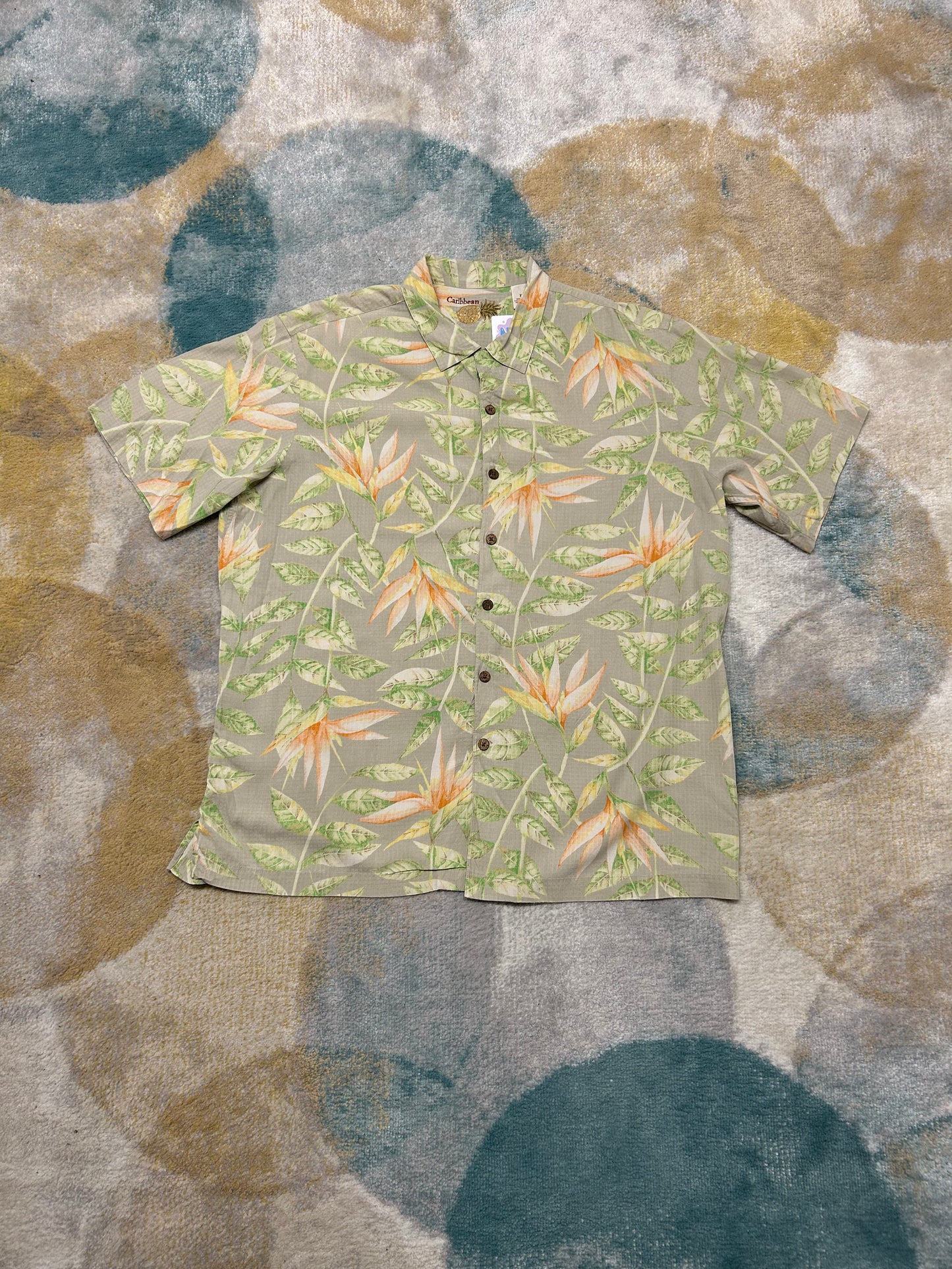 Beige green flower silk shirt