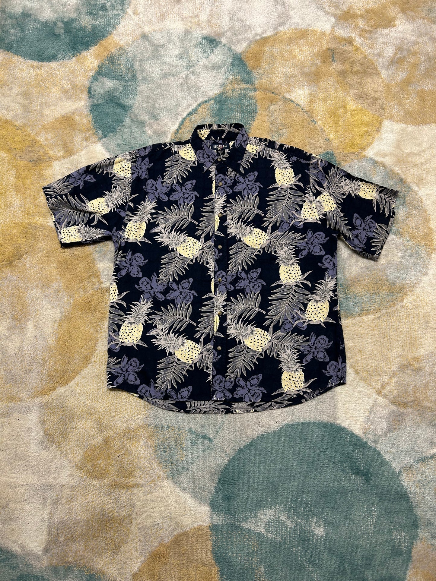 Vintage dark blue white and yellow floral shirt