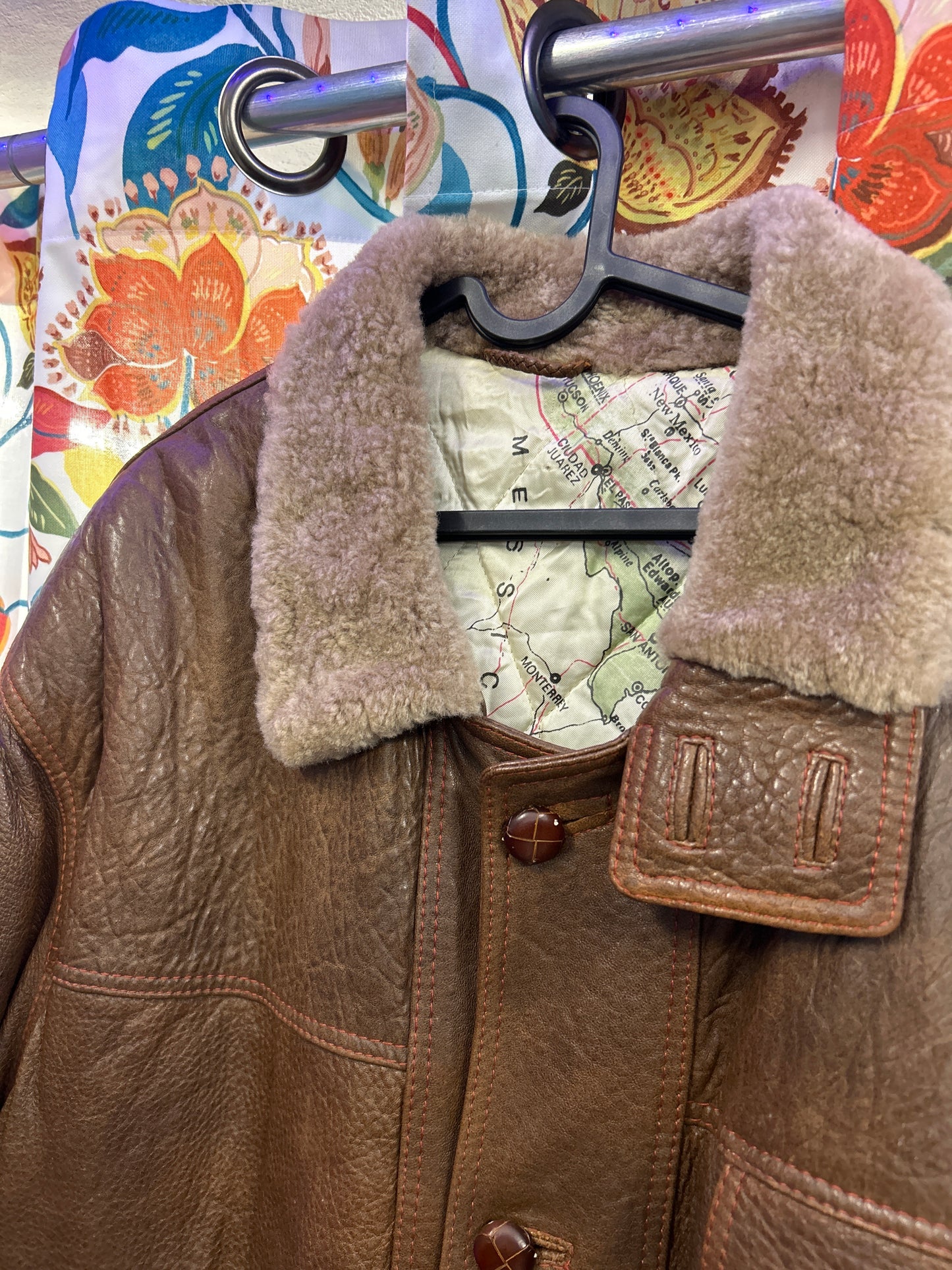 Dark brown heavy 100% leather jacket with map of America inside