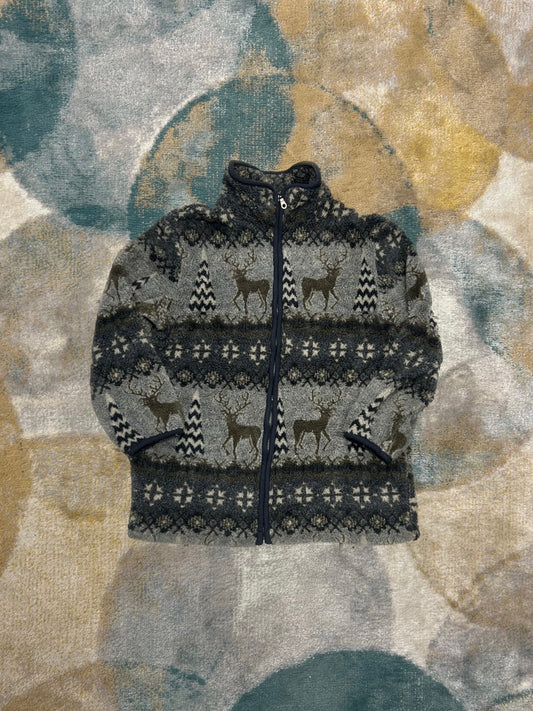 Olive and Grey Reindeer Retro Geometric Fluffy Fleece Jacket