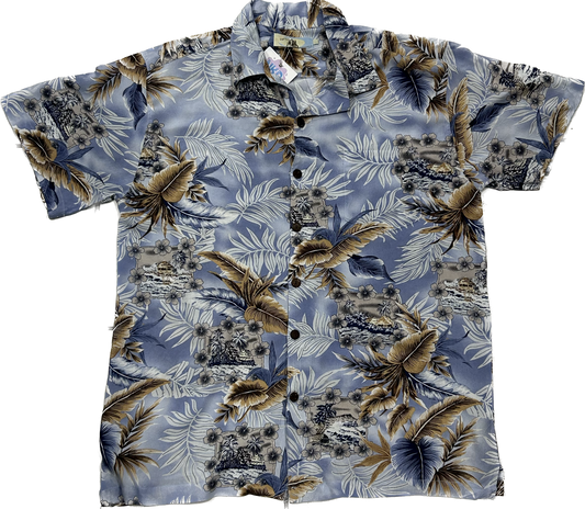 Blue Brown and White Floral Pattern Summer Shirt