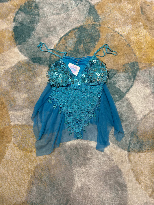 Y2k one of a kind sequin turquoise top