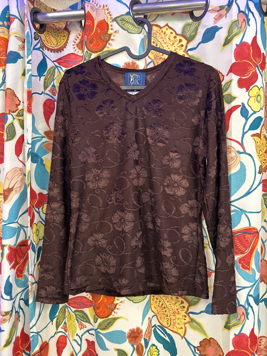 Y2k brown long sleeve top with velvet flowers
