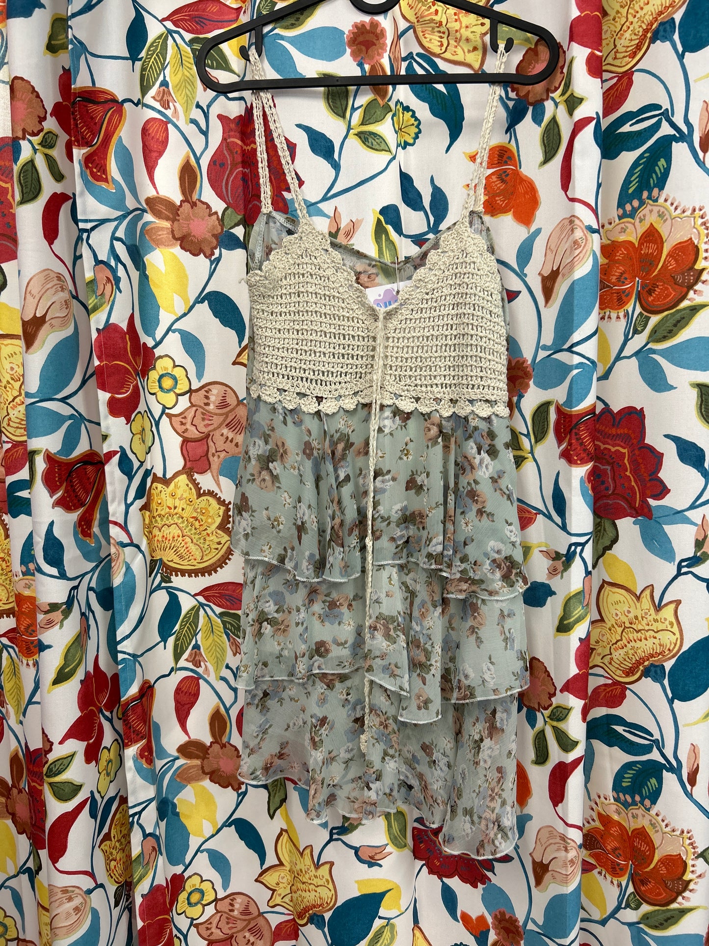 Teal and white knit and fringe retro dress
