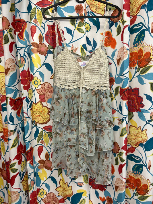 Teal and white knit and fringe retro dress