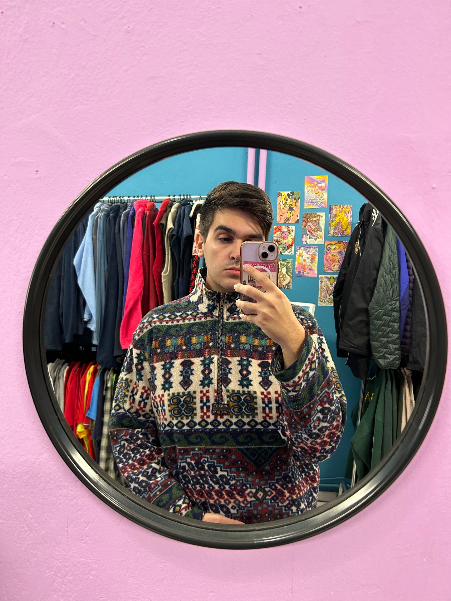 Retro colorful patterned half-zip fleece