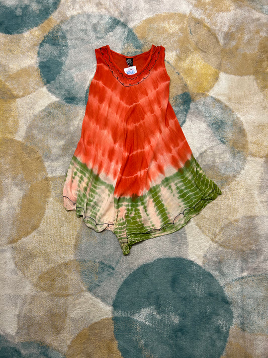 Red and green tie die free size summer dress