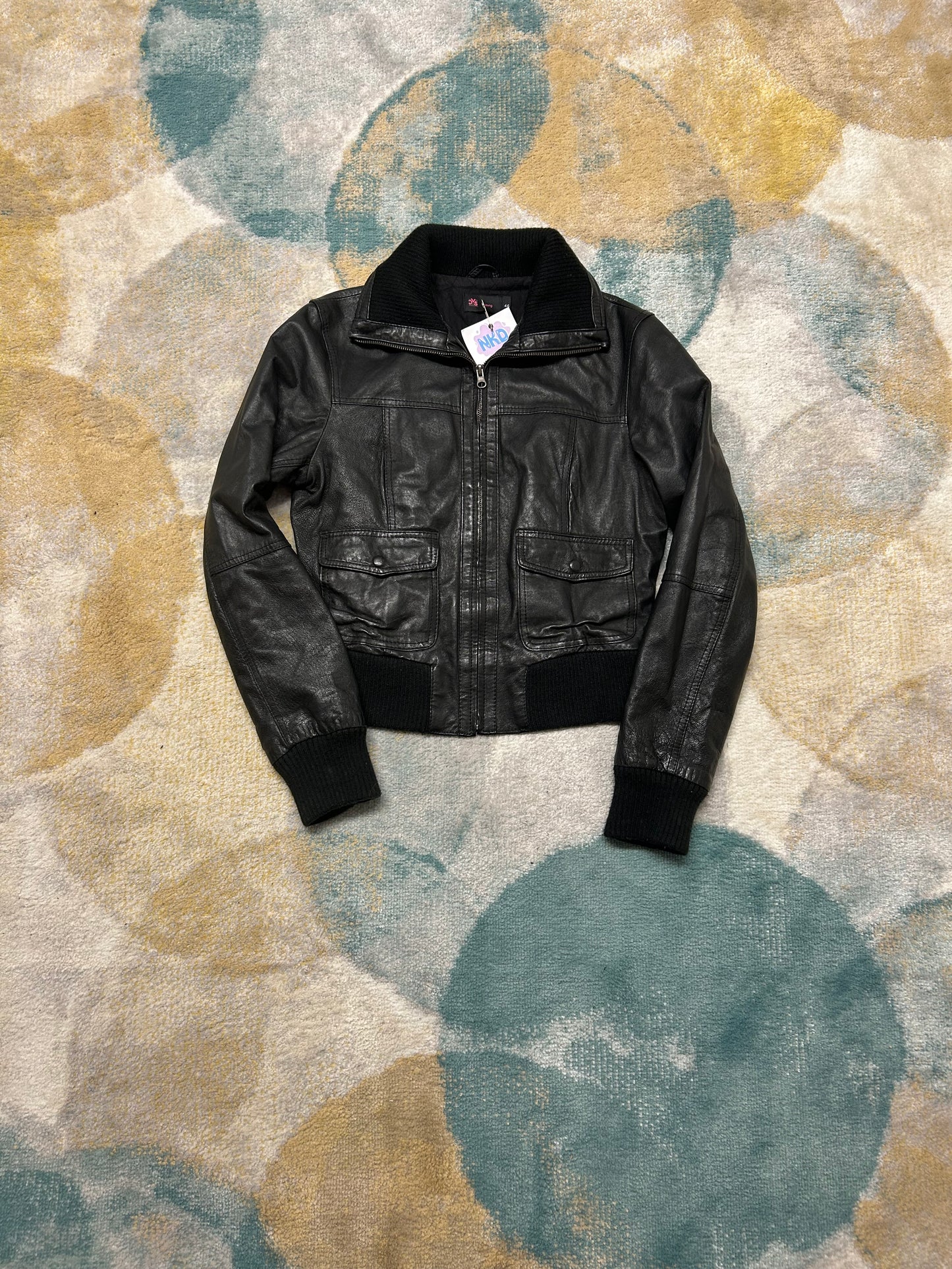 Black 100% leather bomber jacket