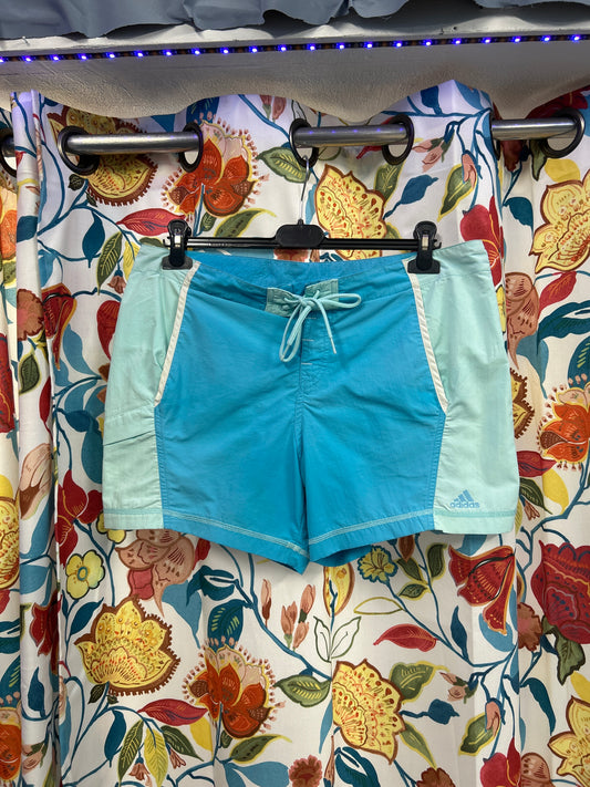 Adidas turquoise, light blue and white short swimming trunks