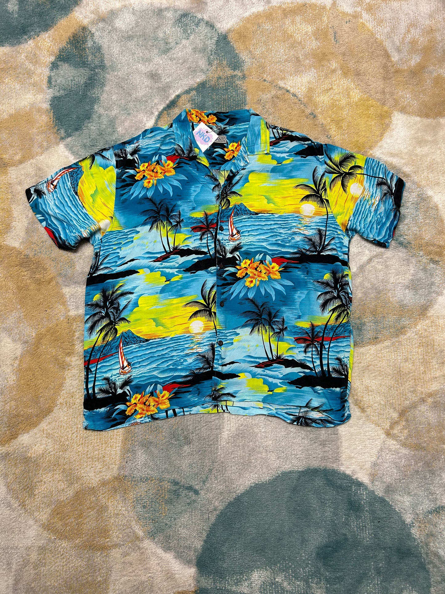 Blue and yellow patterned island shirt