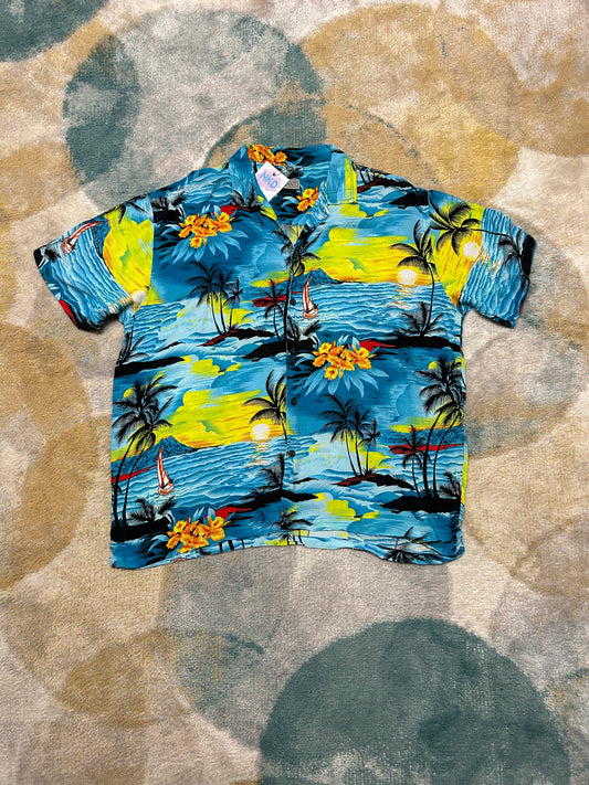 Blue and yellow patterned island shirt