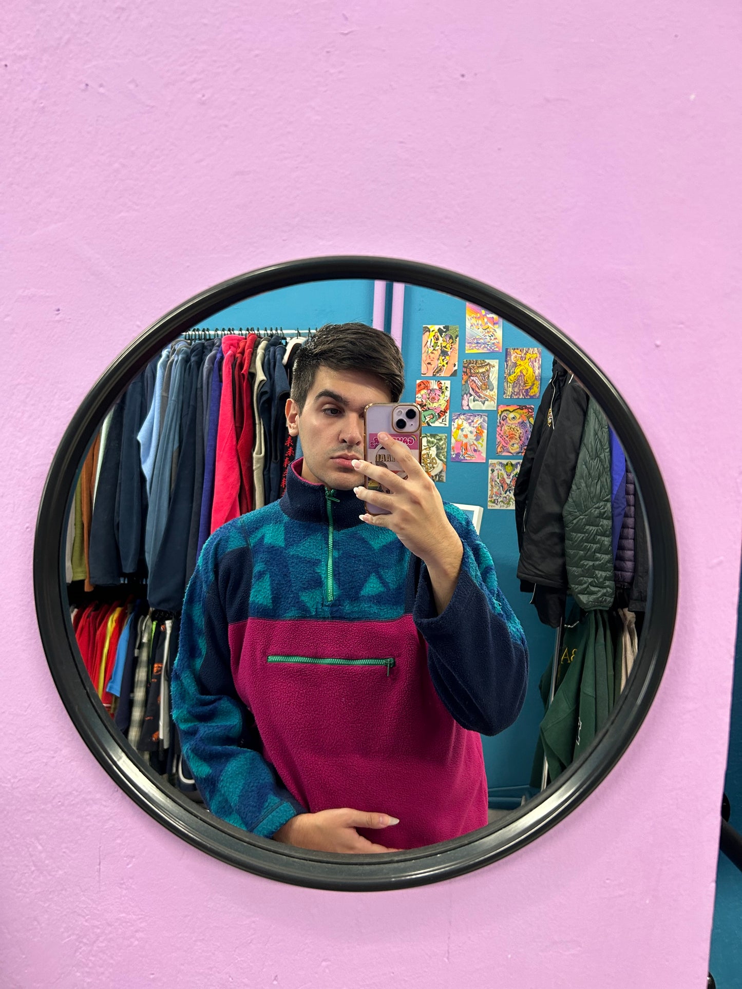 Retro magenta and blue patterned fleece half-zip