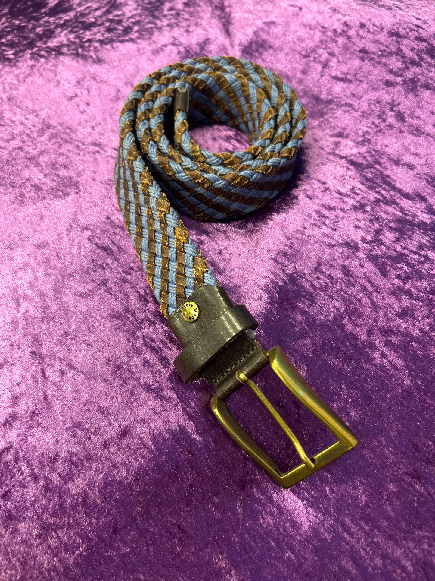 Braided Brown Leather and Blue Cloth Belt