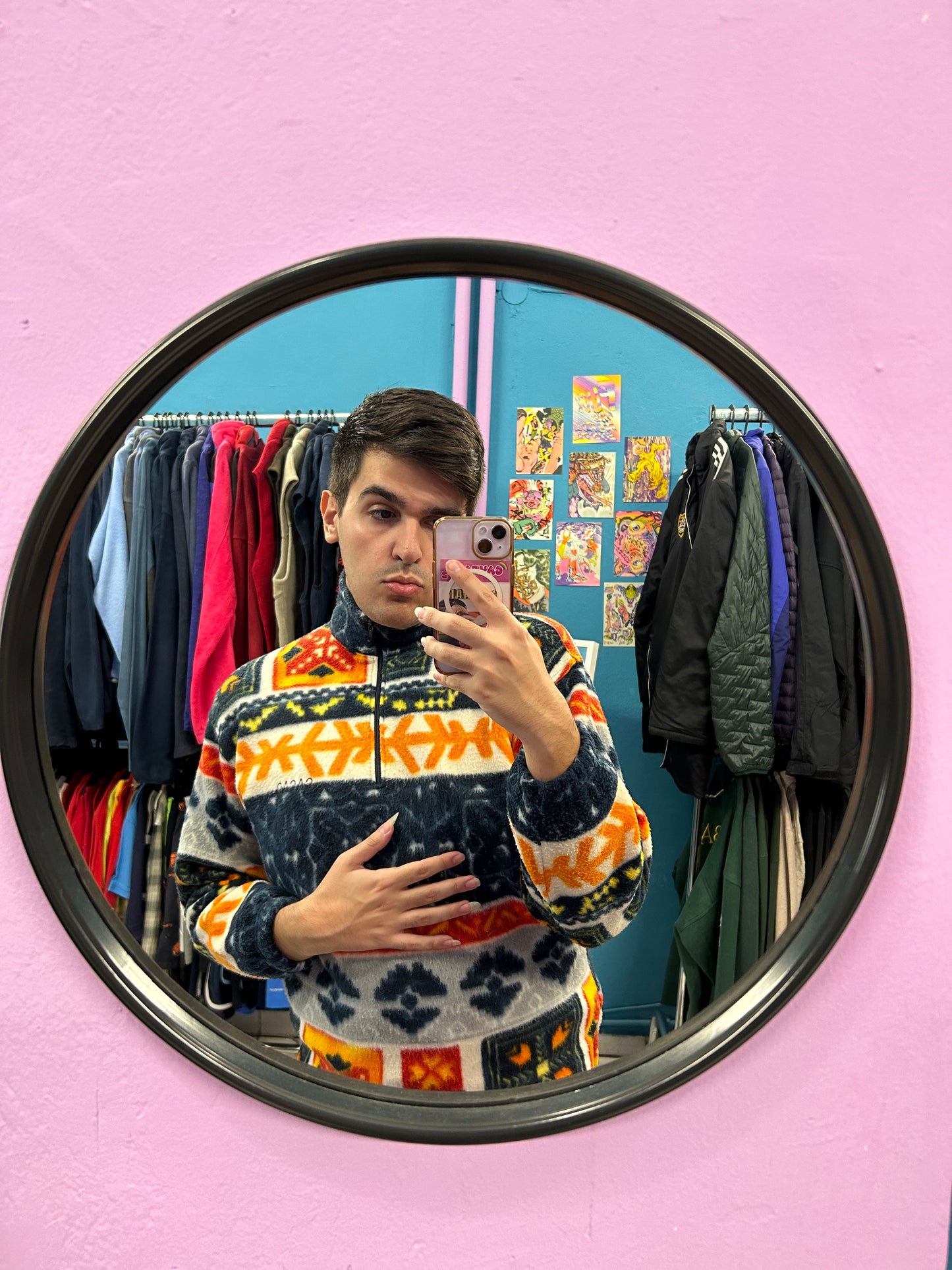 Retro orange red and blue geometric fleece half-zip