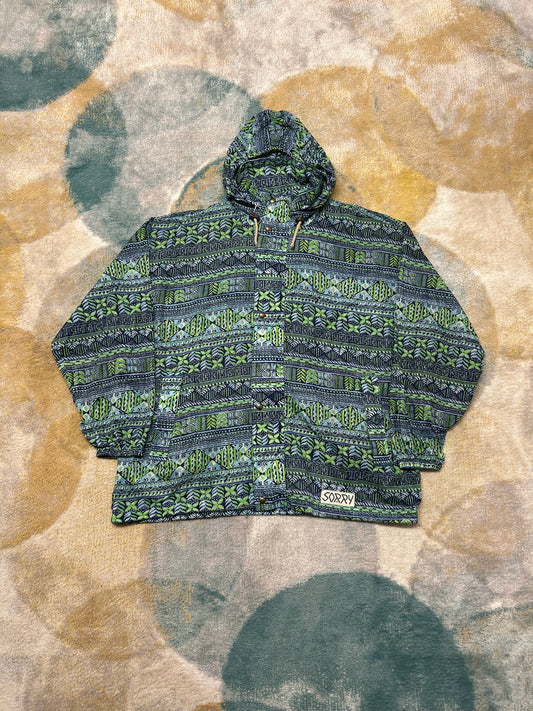 Green and blue patterned windbreaker