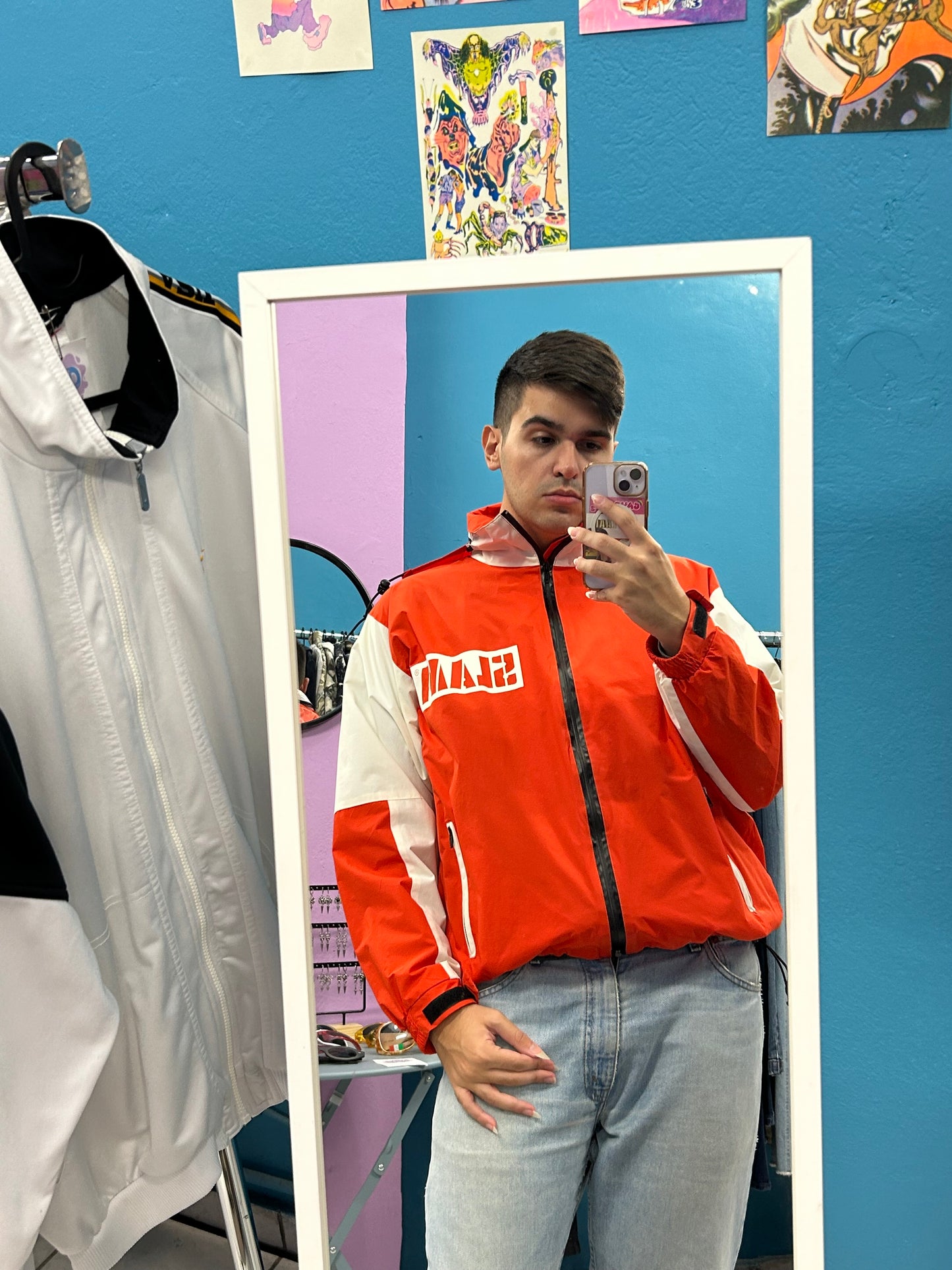 Orange and white retro windbreaker (waterproof)