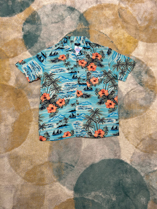 Light blue island and orange flower cotton shirt