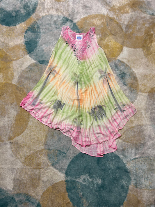 Pink green yellow Palmtree free size summer dress