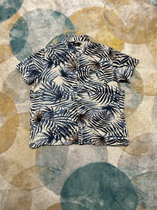 Blue brown and white leaves patterned shirt