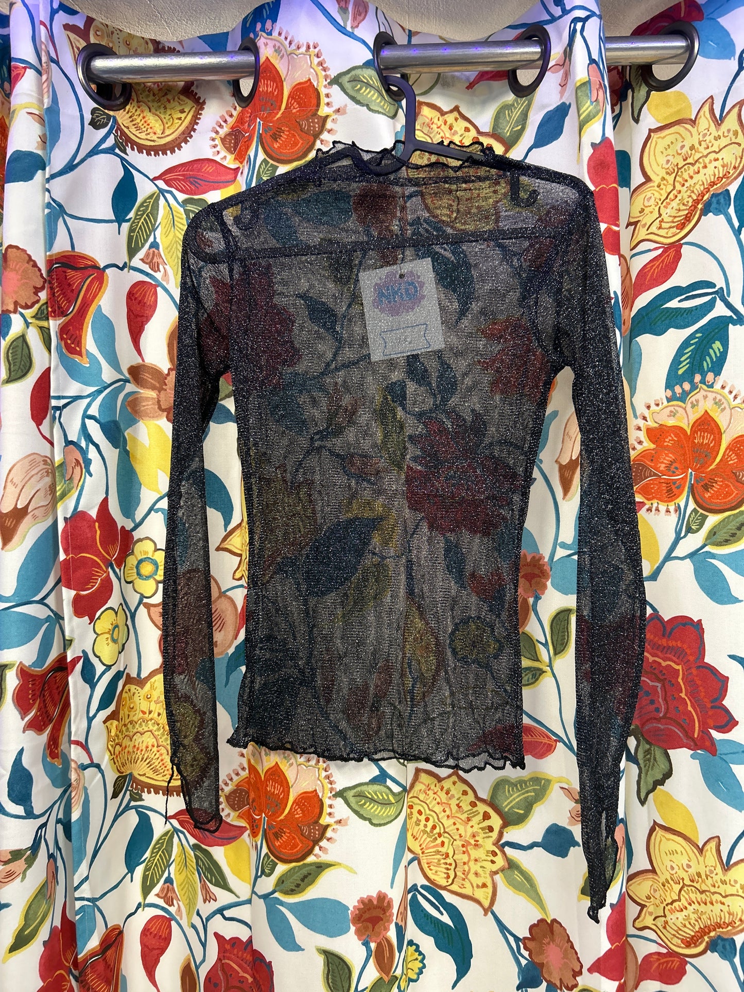 Y2k black and silver glitter mesh top