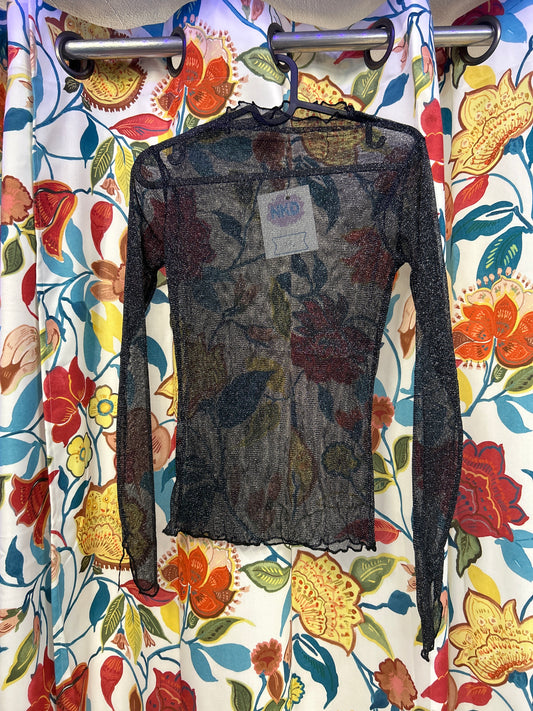 Y2k black and silver glitter mesh top
