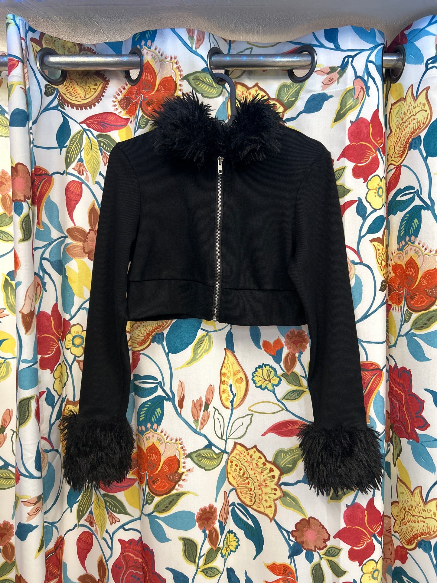 Black Cropped Jacket with Fluffy Detailing