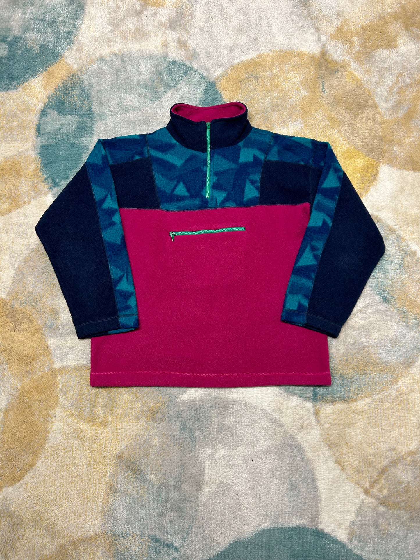 Retro magenta and blue patterned fleece half-zip