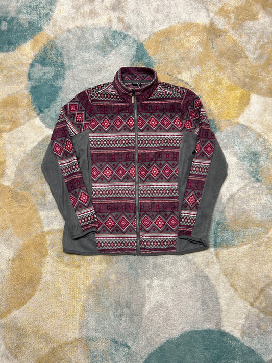Retro purple and grey patterned fleece jacket