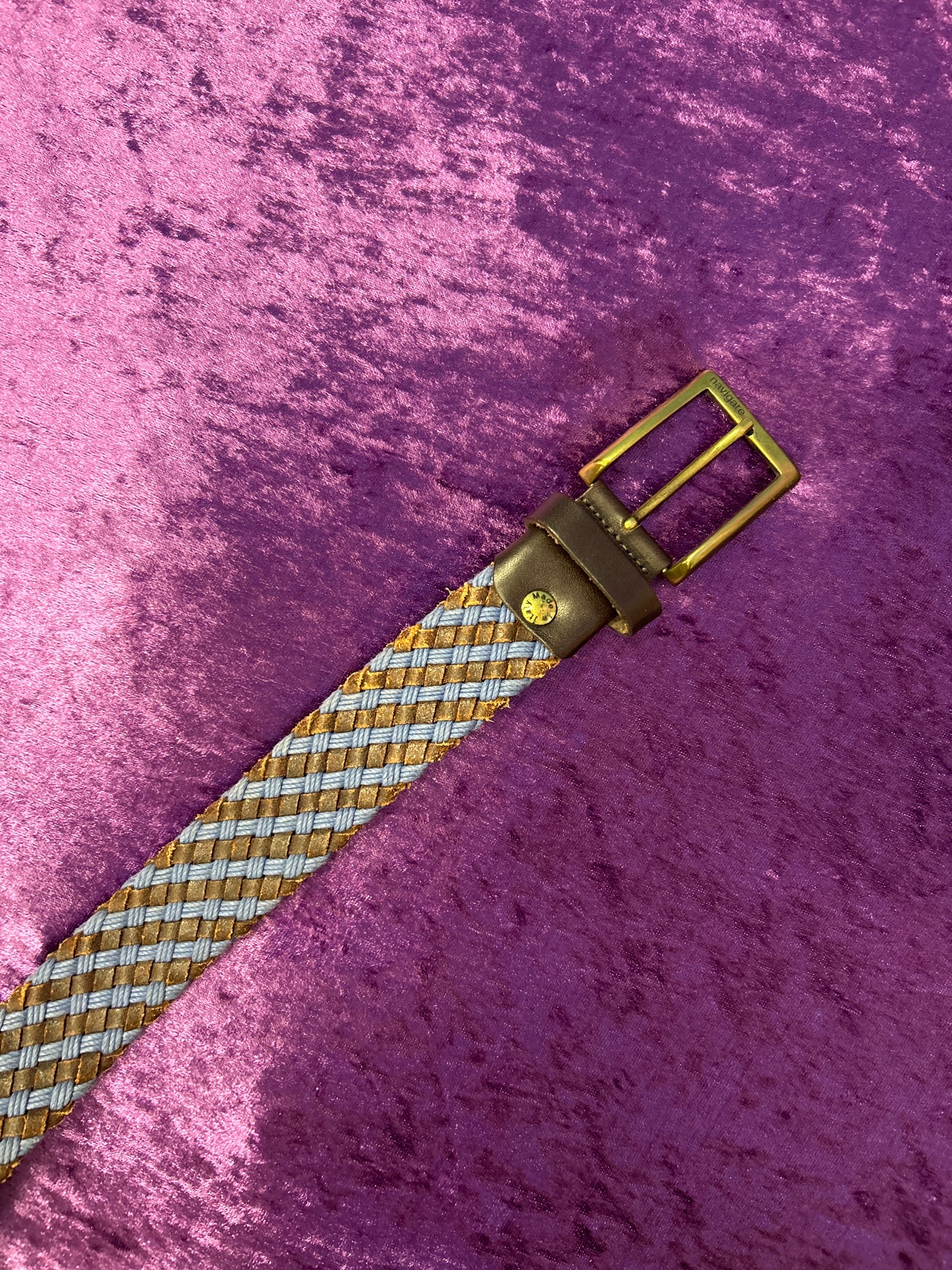 Braided Brown Leather and Blue Cloth Belt