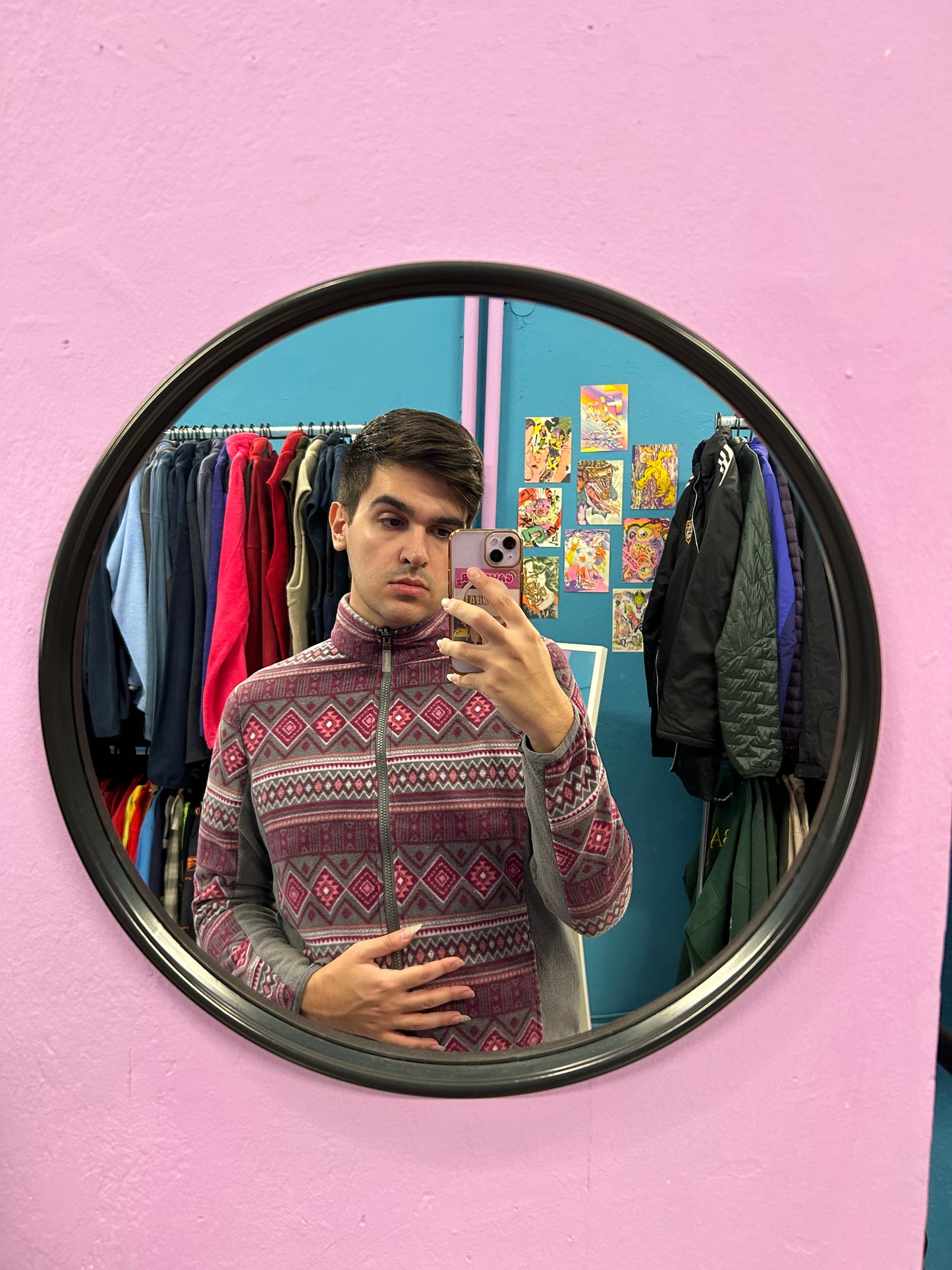 Retro purple and grey patterned fleece jacket