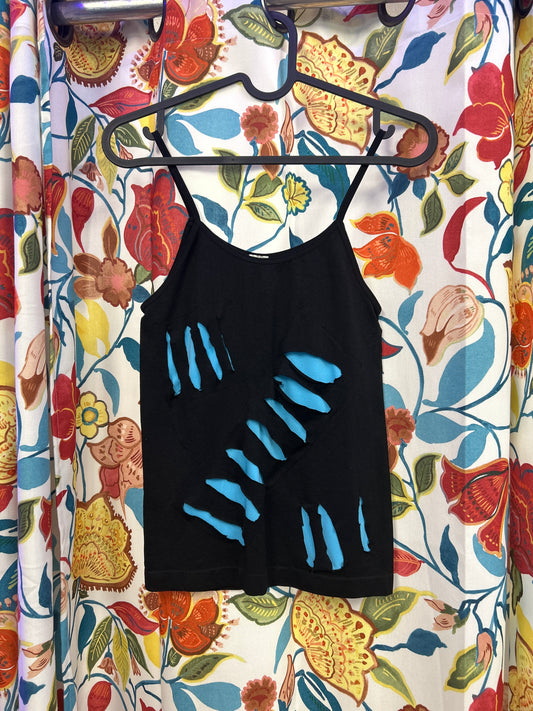 Y2k deadstock black and blue shredded top