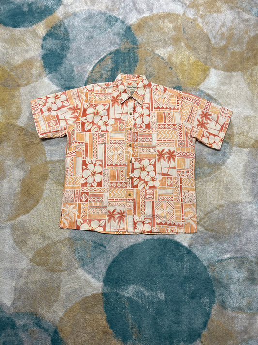Orange and red patterned Hawaiian shirt