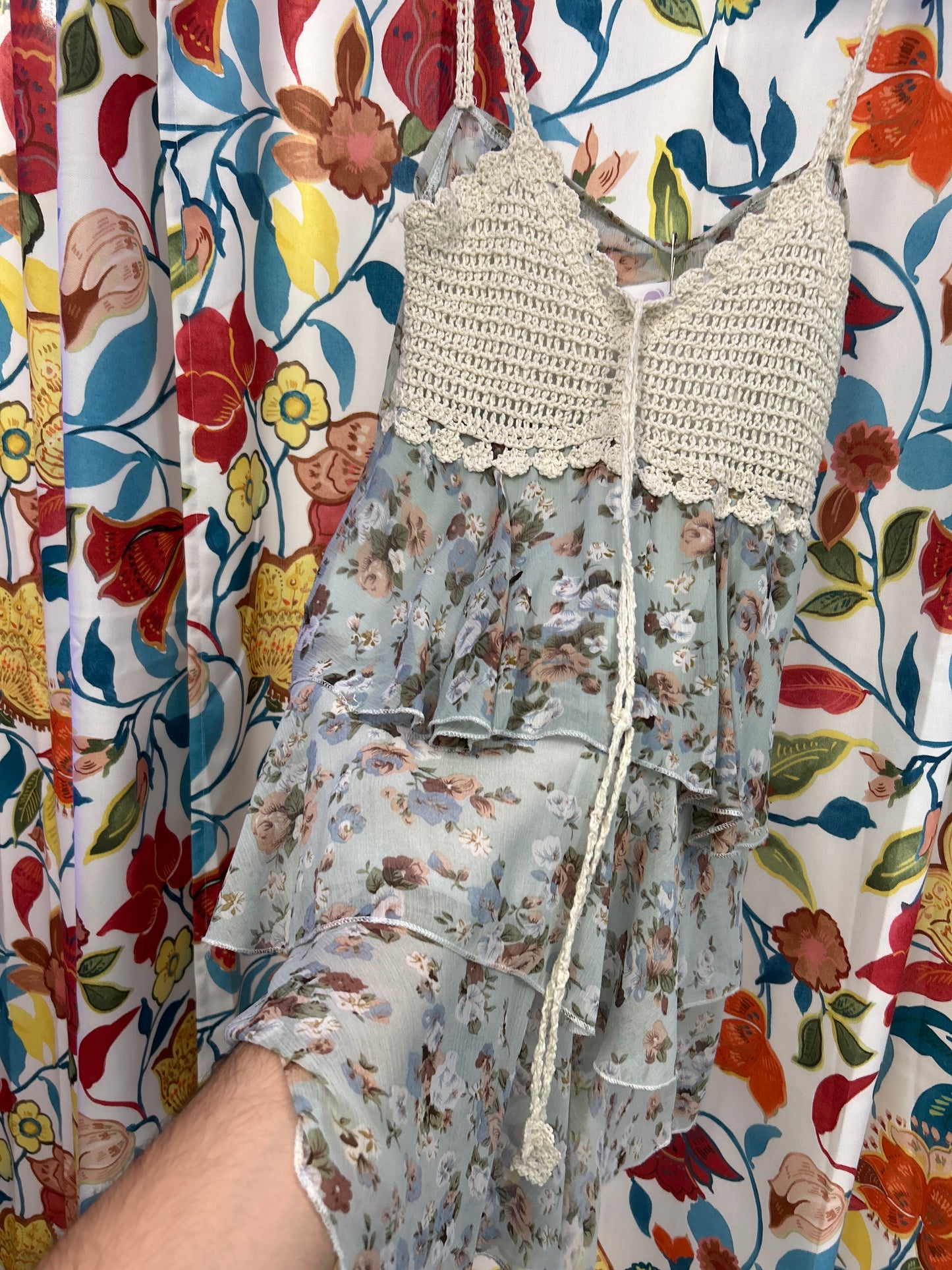 Teal and white knit and fringe retro dress