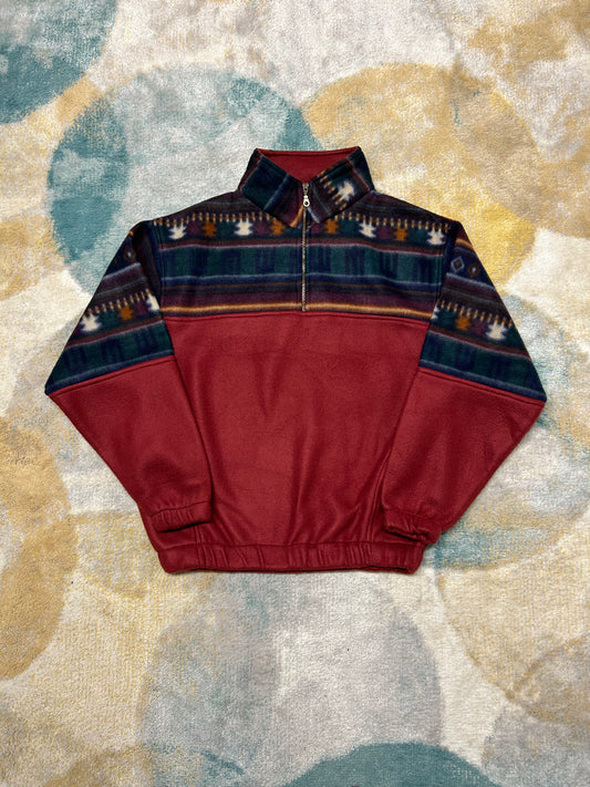 Retro Burgundy and dark blue patterned fleece half-zip