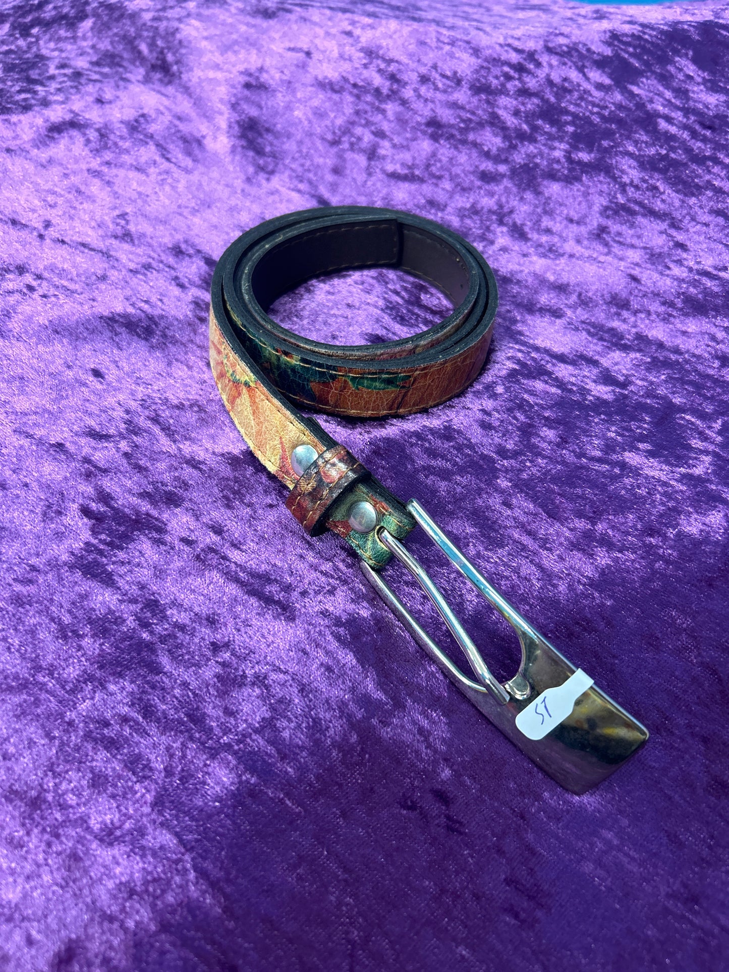 Floral Pattern Leather Belt with Big Buckle